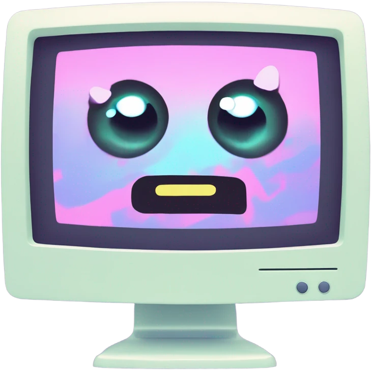 kawaii-style computer monitor with expressive sad eyes and teardrops, broken pixel-style "404" text glitching on screen, digital error symbols floating around, soft pastel colors, emoji art style emoji