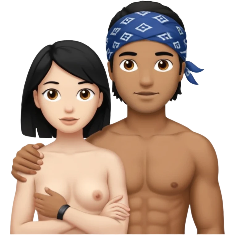 Brown guy with a bandana shirtles holding a white woman with black hair naked emoji
