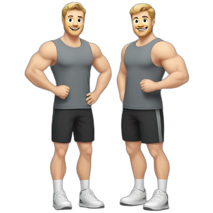Full height Actively gesturing with hands Pale skinned Fit Man With the biceps and light brown hair with Bristle in dark gray Sleeveless Mike, black oversize sports shorts and white Sneakers emoji