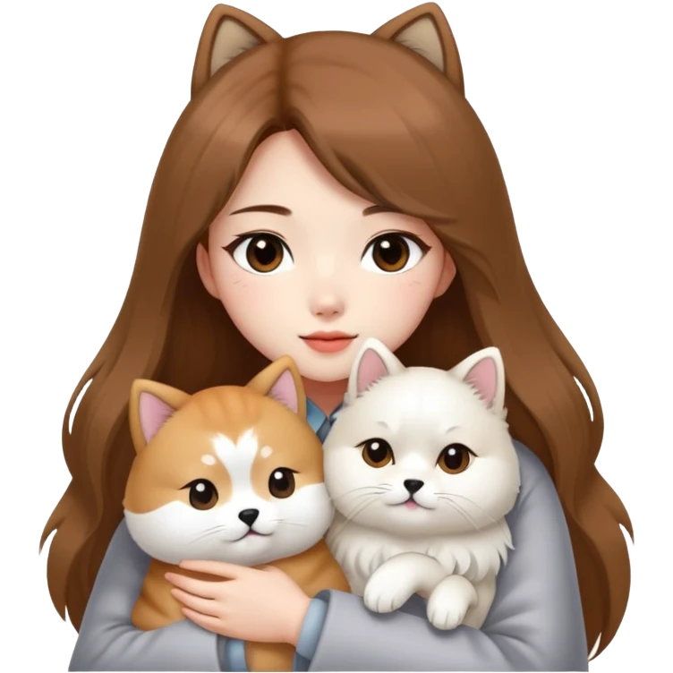 A Chinese fashion pretty girl with brown hair, wearing a light gray fur coat, hugging a Shiba Inu and a long-haired white Persian cat. emoji