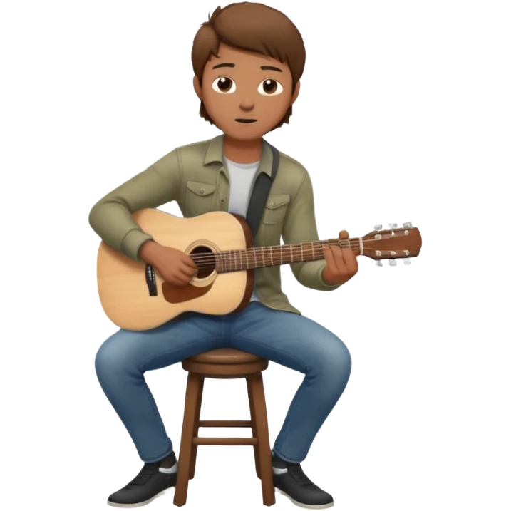 Young man – sitting on stool, casual clothes, playing acoustic guitar, focused expression.
 emoji