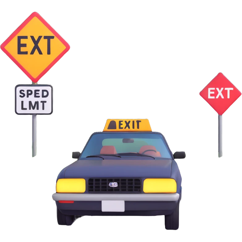 Bandit-style car speeding down highway with multiple road signs speed limit exit visible emoji