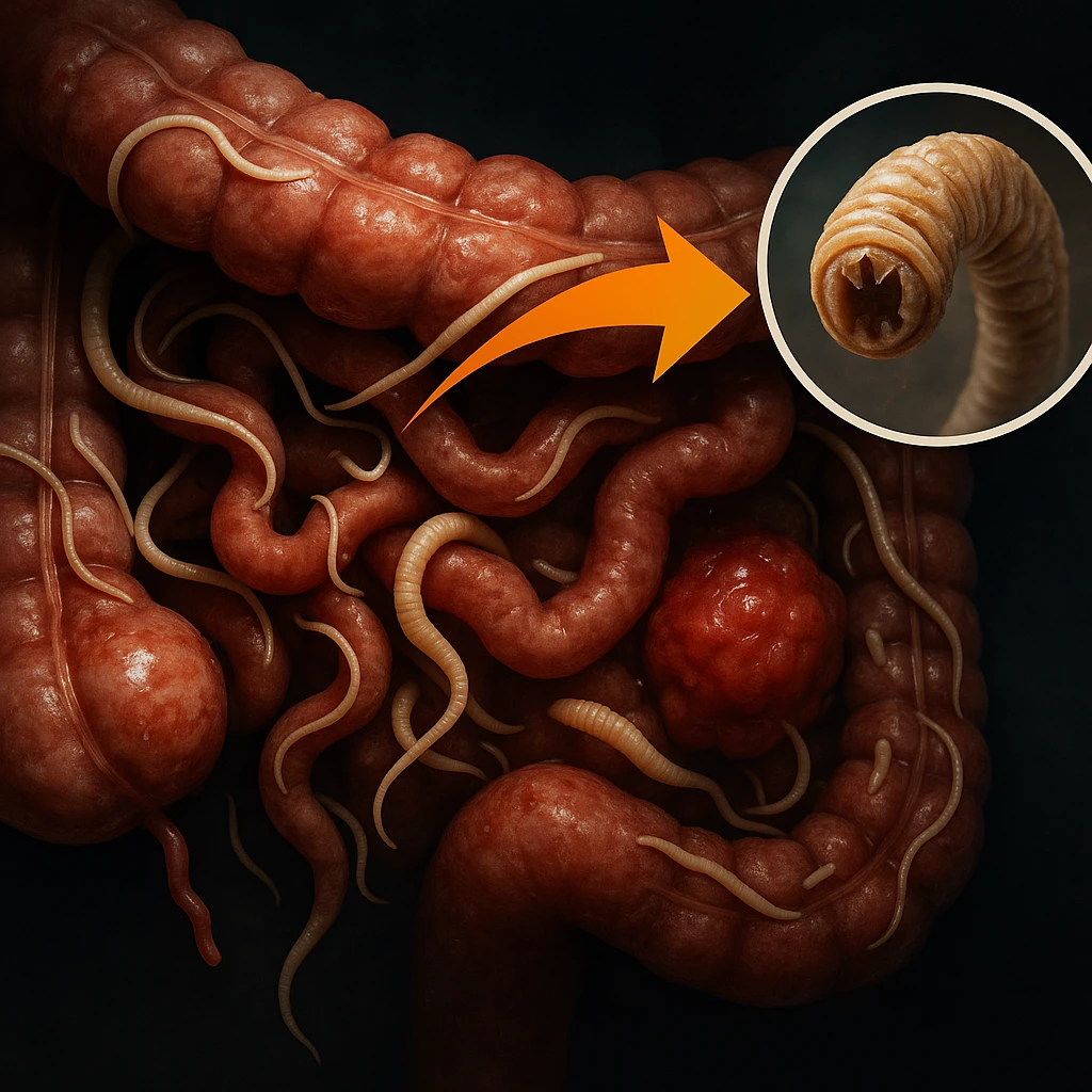 Hyperrealistic 4K close-up of human intestine showing numerous visible parasites including worms and larvae. Enlarged detailed view of a parasite. Clinical atmosphere with tumor risks and an arrow connecting the intestine and brain. emoji