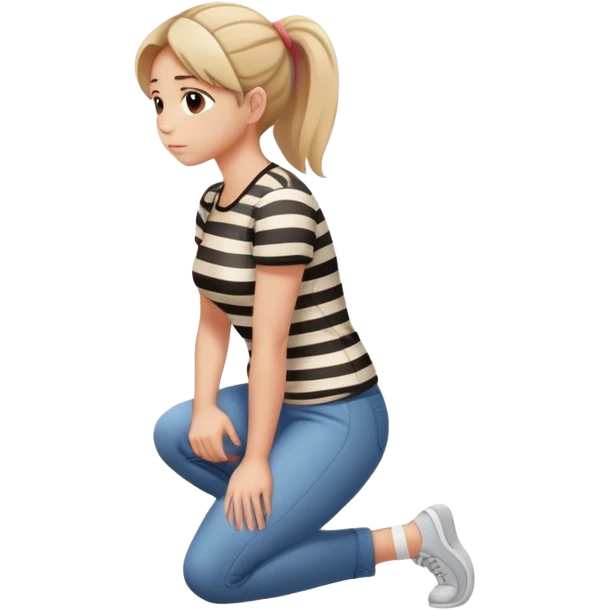 female figure in casual outfit with striped top kneeling on ground, back view emoji