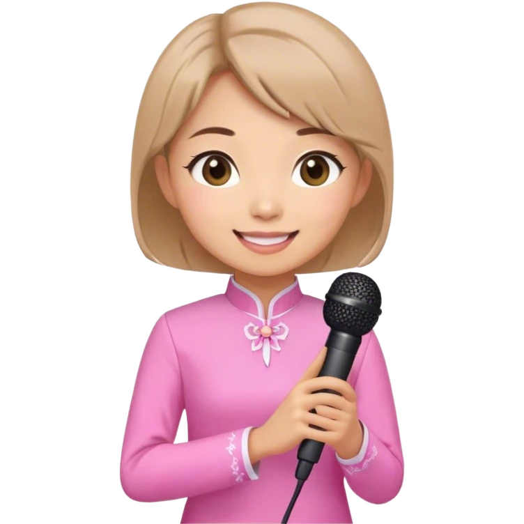 The female teacher in the pink ao dai, cute, with shoulder-length short hair, holding a microphone, is smiling. emoji