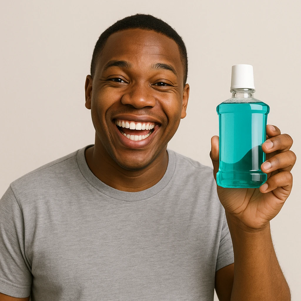 A cheerful Black man with short hair, holding up mouthwash and grinning, minimal background. emoji