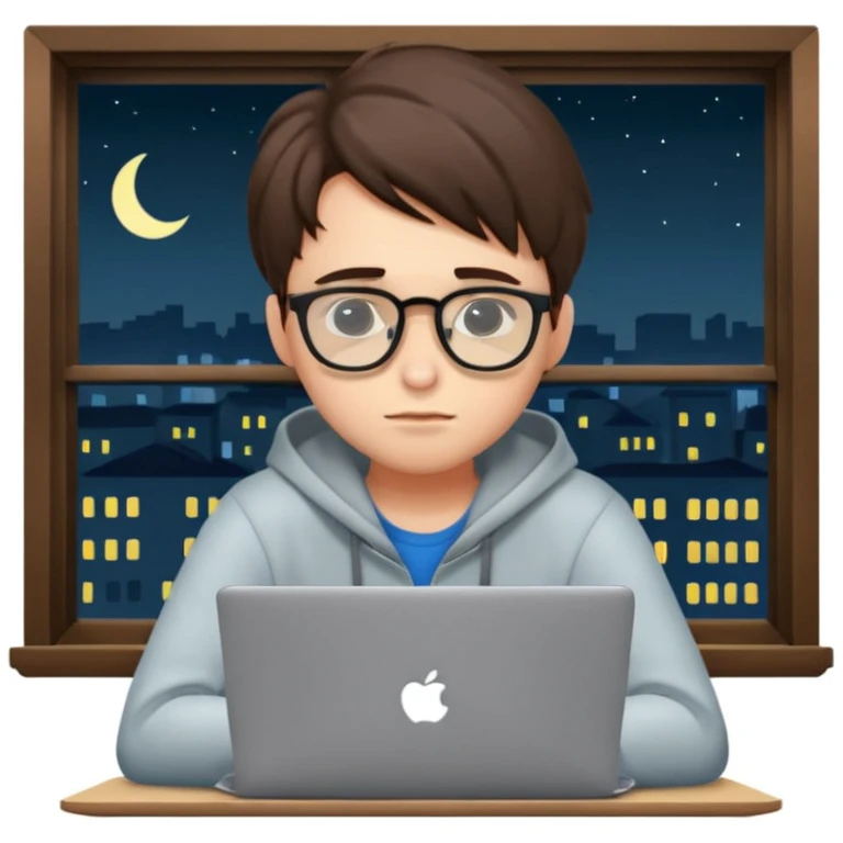 tired student with laptop, window at night behind, slouched over laptop emoji