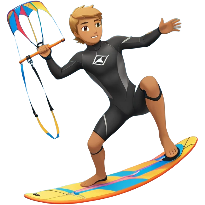 An athlete in a wetsuit riding a kiteboard, soaring over the sea waves with the kite high in the sky. The background features a vibrant blue sky and crashing ocean waves, capturing the thrill and freedom of kitesurfing in dynamic motion. emoji