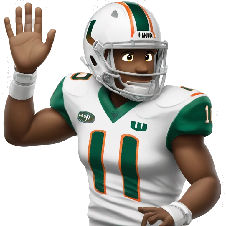 White Miami Hurricanes Football player with Green jersey wearing number 10 holding up the “U” hand signal emoji
