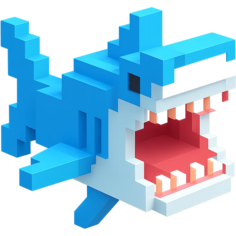 voxel style shark, open mouth, blocky, blue and silver, no background emoji