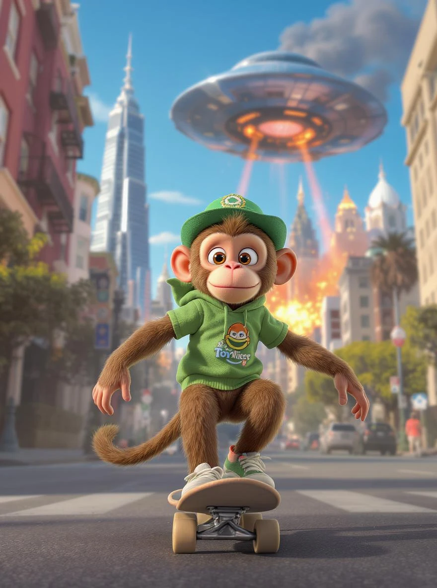 Disney style Cinematic still scane, Low angle shot, Depth, monkey dress in green outfit, monkey ride on skateboard, san francisno downtown with city lanscape, ufo destroying city in background, blue clean sky, captured by ARRI Alexa XT, soft cinematic lightning, back light, inspired by ToyStory 4 emoji