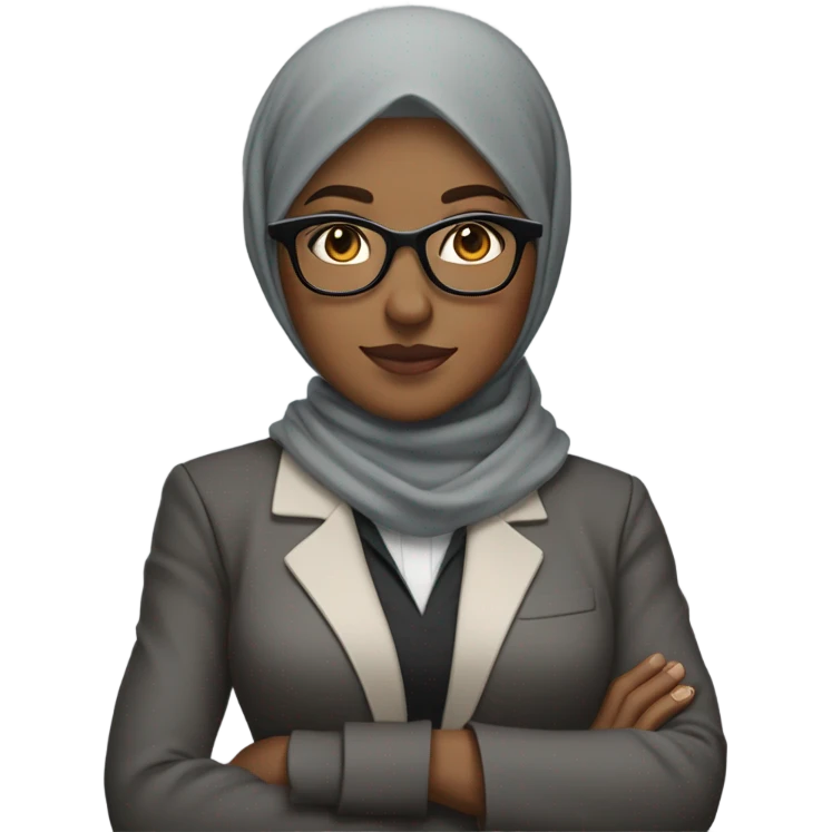 half-body career woman wearing a hijab with arms crossed over her chest with glasses, medium skintone, wearing a blazer and gray hijab emoji