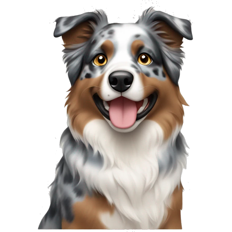 smiling caucasian brown-haired couple with blue merle Australian Shepherd  emoji