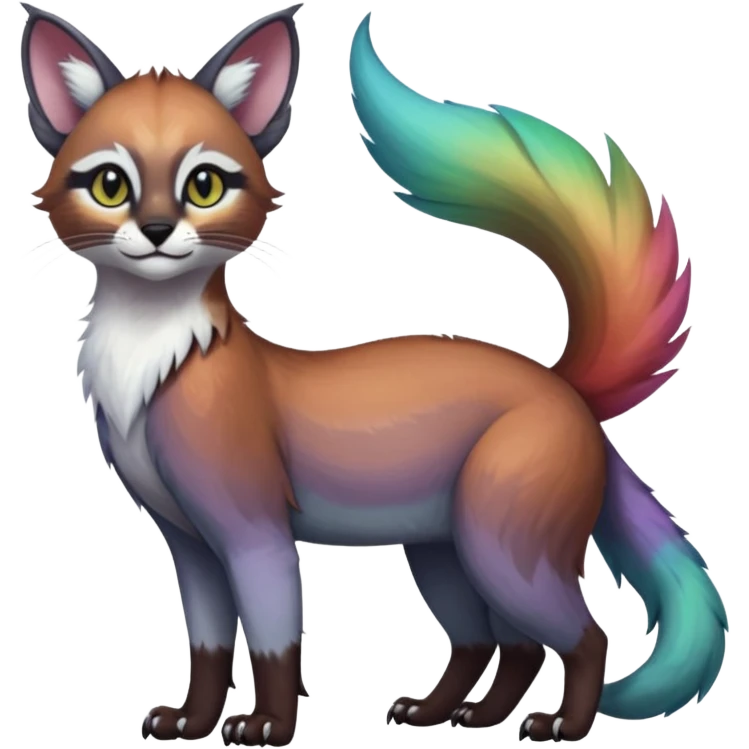 Colorful dark tropical iridescent pastel white glorious divine exotic cute cool beautiful shiny beautiful fantasy-caracal-civet-genet-sergal-vernid-Gryphon-Cacomistle-Trico-oncilla-animal-Fakémon-hybrid-fursona (full body) emoji