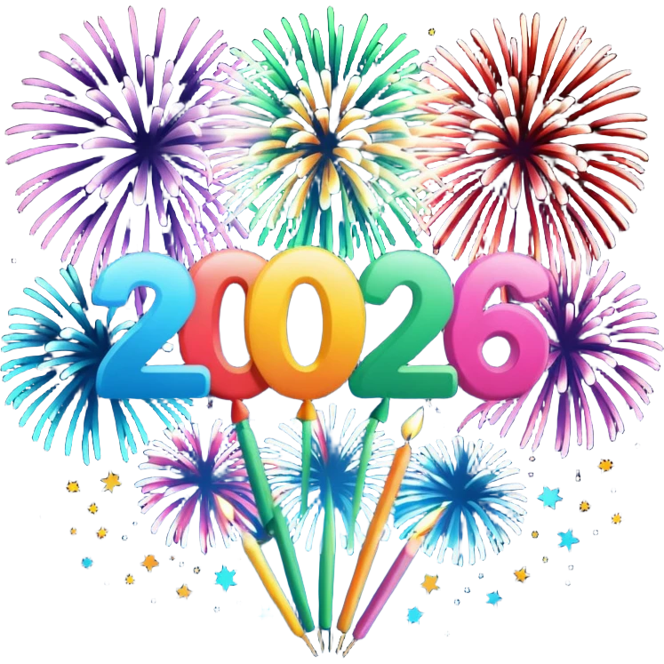 "Happy New Year 2026" in backdrop of colourful fireworks in outline  emoji