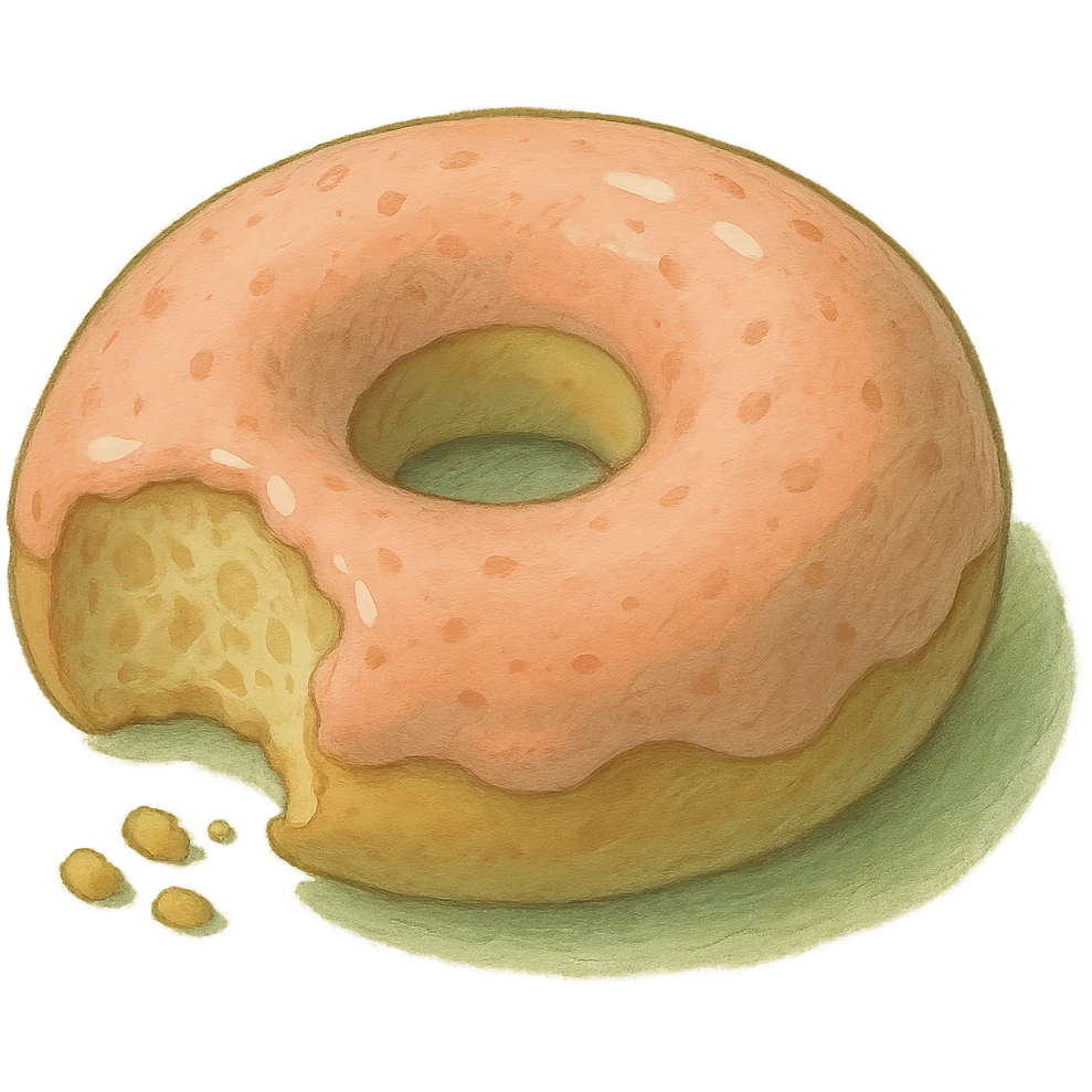 Bitten donut in Ghibli style, detailed, soft green colors, with no background emoji