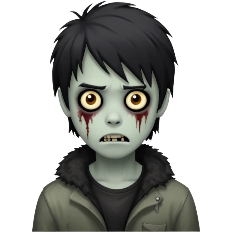 boy zombie with black medium-long emo shaggy hair, dark and spooky, creepy expression emoji
