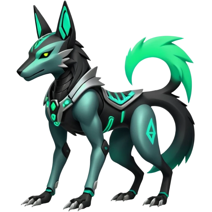Black and green cyberpunk intricate neon glowing grey white futuristic cyborg-Anubis-Zeraora-Zoroark-fusion (full body) emoji