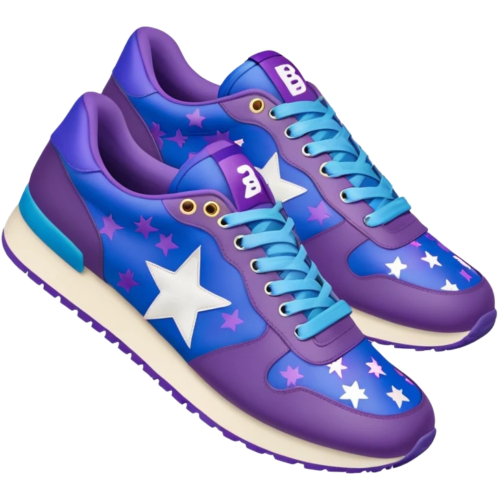 Bape sneaker with star pattern, blue and purple colorway, low top athletic shoe with ape head logo emoji