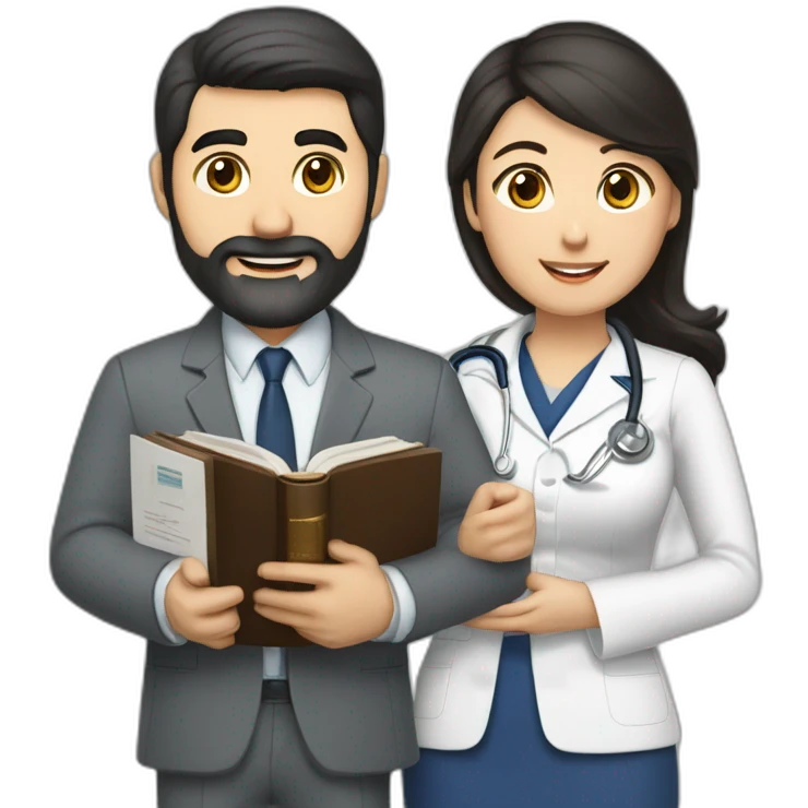 husband classic executive 55 dark hair trimmed beard wearing business suit holding bible, with wife asian age 55 dark hair wearing nurse uniform emoji