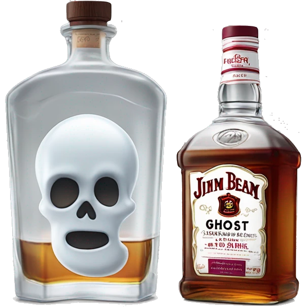 Realistic bottle of clear whiskey Jim Beam's Jacob's Ghost white label and lid with clear glass of clear whiskey with Cranberries and ice in glass. emoji
