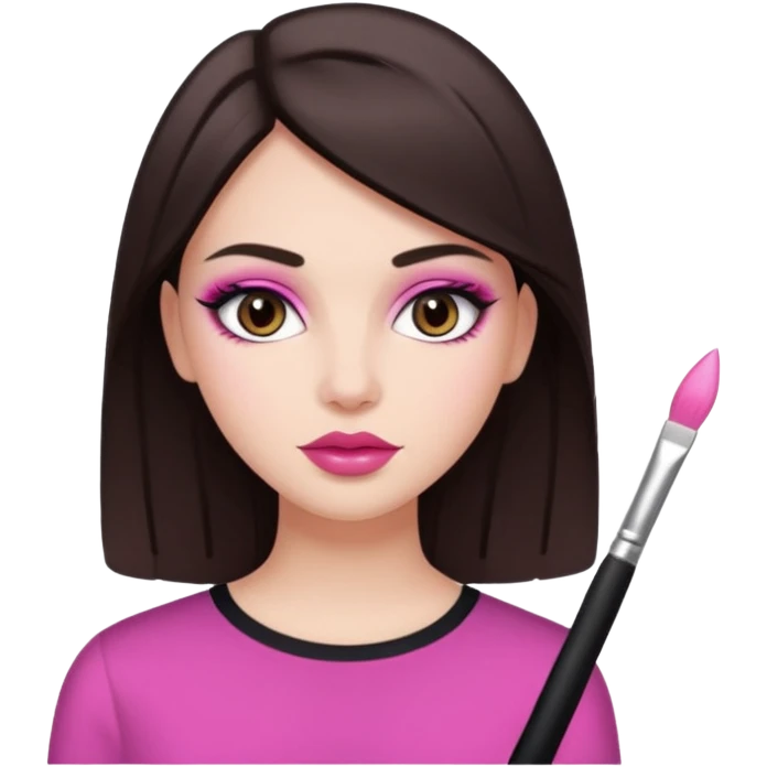 White girl with straight dark brown hair and dark brown eyes, pink lips, "clean girl" makeup  emoji