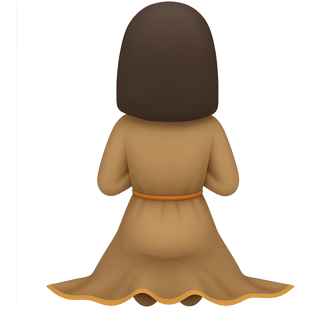 Show the woman kneeling and praying from the back view, wearing a long tan dress, with dark brown hair, in emoji style, no background. emoji