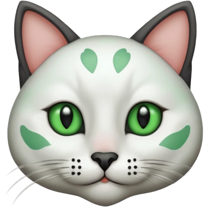 Haz una gata de ojos verdes la cara blanca con mancha negra en las orejas que agarra parte de la frente del lado der pero del iz va desde el ojo hasta la oreja la mancha, tiene la nariz negra en forma de corazón y todo lo que sobra de la cara, barbilla la nariz arriba y el lado de bigotes es blanca emoji