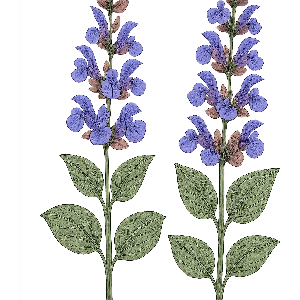 two stems of clary sage with bluey purple flowers, no plant pots, botanical, isolated, clear details emoji