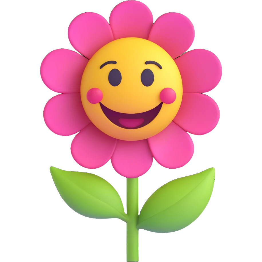3D smiley emoji, round shape, grandmother with flower, pink color, smiling face emoji