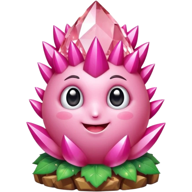 A single cute pink crystal cluster character, chunky round base with many tall rose-pink crystal spikes growing upward like a quartz cluster, faceted and slightly imperfect, on the front of the base a kawaii face with big shiny eyes and a happy open smile emoji