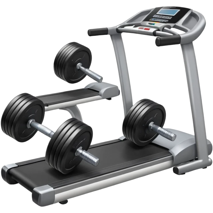 Two heavy dumbbells side by side on the floor in front of a treadmill emoji