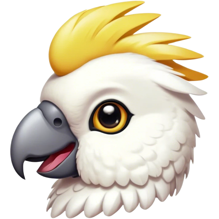 Cinematic Cute Cockatoo Portrait Emoji, Head tilted playfully and inquisitively, featuring a charming, fluffy form with a vividly colored crest, round, sparkling eyes full of playful wonder, and a soft, curved beak, Simplified yet irresistibly adorable features, highly detailed, glowing with a warm, inviting tropical glow, high shine, affectionate and lively, stylized with a touch of whimsical avian charm, soft glowing outline, capturing the essence of a mischievous yet loving cockatoo that seems as if it could flutter out of the screen into your arms! emoji