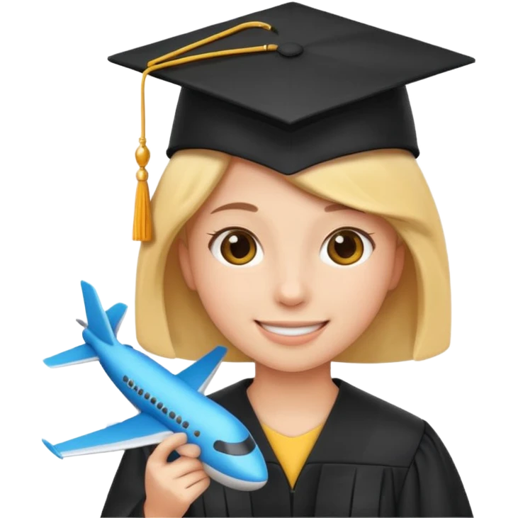 emoji student at university with graduation cap and airplane, happy, white background, emoji