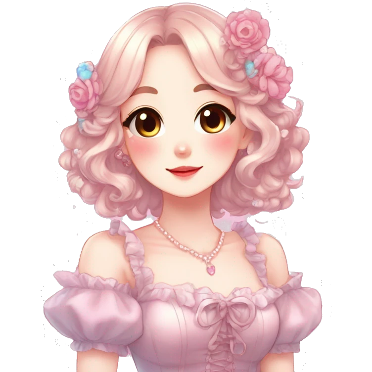 Gorgeous anime style lady with blushing face and accessories cottagecore fairycore Kawaii anime colorful pearly romantic aesthetic trending style emoji
