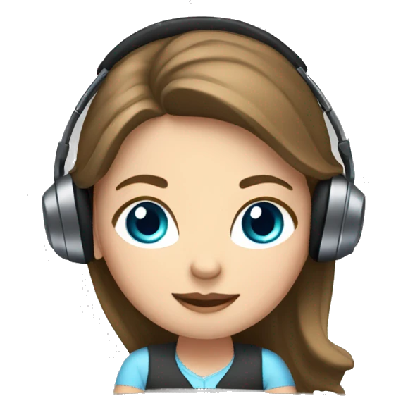 white girl at desk, brown hair, blue eyes, computer, headphones emoji