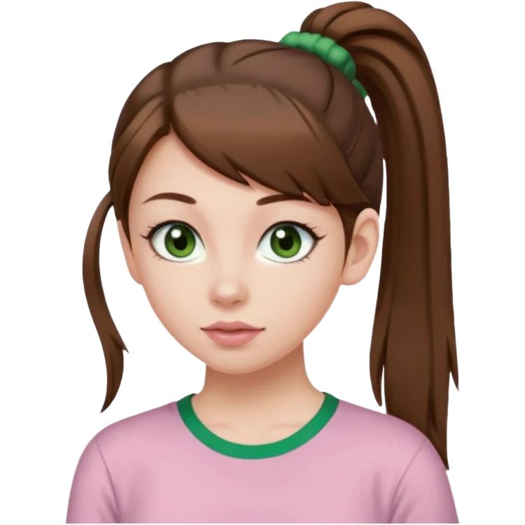 create an emoji of a young woman. She has a nice look, with long brown hair in a single ponytail with a hair tie, dark green eyes, pale skin, natural soft pink lips. she wears a green y2k top emoji