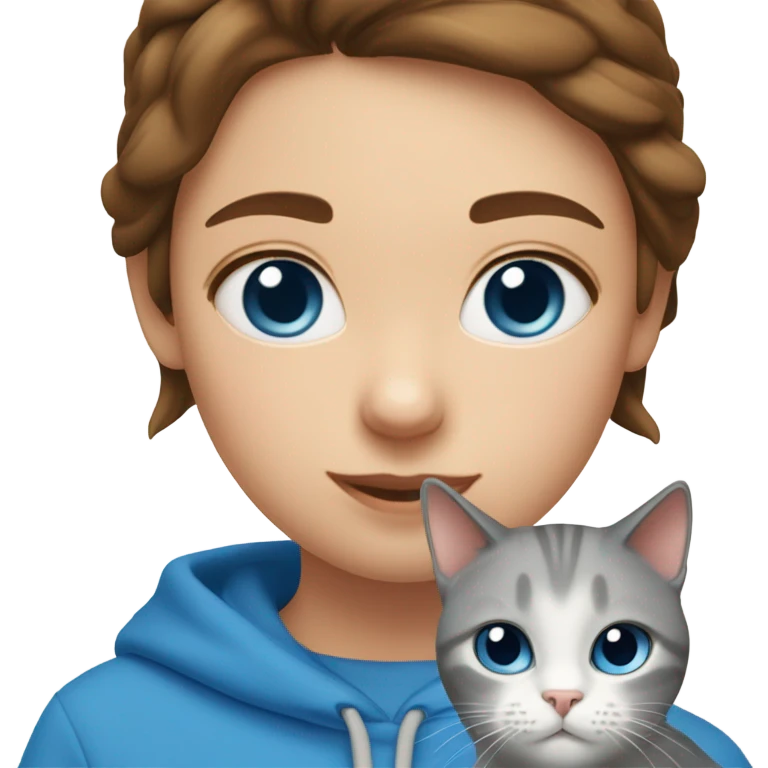 Create a sticker pack with a оgirl with brown hair below her shoulders with blue eyes and a blue sweatshirt or T-shirt. She has a white and gray Scottish Straight cat with blue eyes, emoji