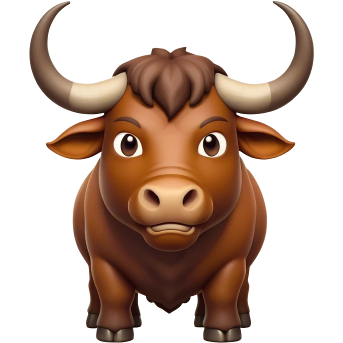 Cinematic Noble Domestic Ox Portrait Emoji, Poised and stalwart, with a massive, muscular build and a thick, smooth hide in deep earthy tones, prominent, curved horns, and steady, soulful eyes, Simplified yet sharp and sophisticated features, highly detailed, glowing with a warm, dignified glow, high shine, intelligent and dependable, stylized with an air of timeless strength, focused and attentive, soft glowing outline, capturing the essence of a watchful and confident ox that feels as though it could plod out of the screen with effortless authority! emoji