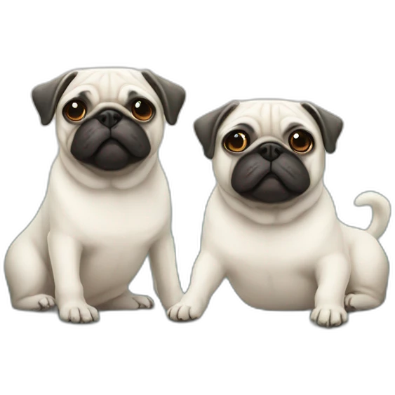 2 White pugs on a sofa, one of them is an adult and the other one has 5 months of age emoji