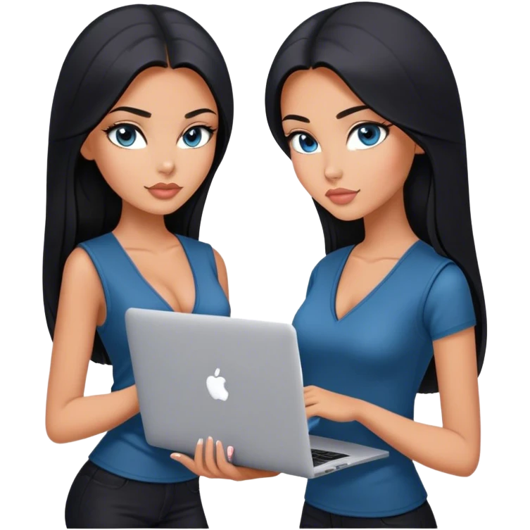 Glamours tanned very beautiful girl with pump peach nude lips and black straight smooth long hair, blue-grey eyes in beautiful v-neck black vest from the suit (short sleeves) no blazer and no anything under the vest, only vest with MacBook emoji
