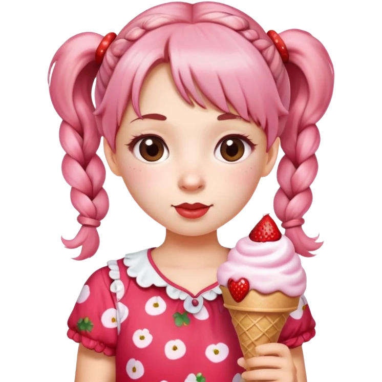 . A cute girl with pigtails, wearing a strawberry-patterned top, holding an ice cream. emoji