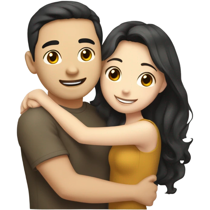 A cute and very happy Asian couple hugging each other very tight. The girl has long dark wavy hair and pale skin and dark hazel eyes, the Man has short dark straight hair and bright amber eyes and is pale emoji