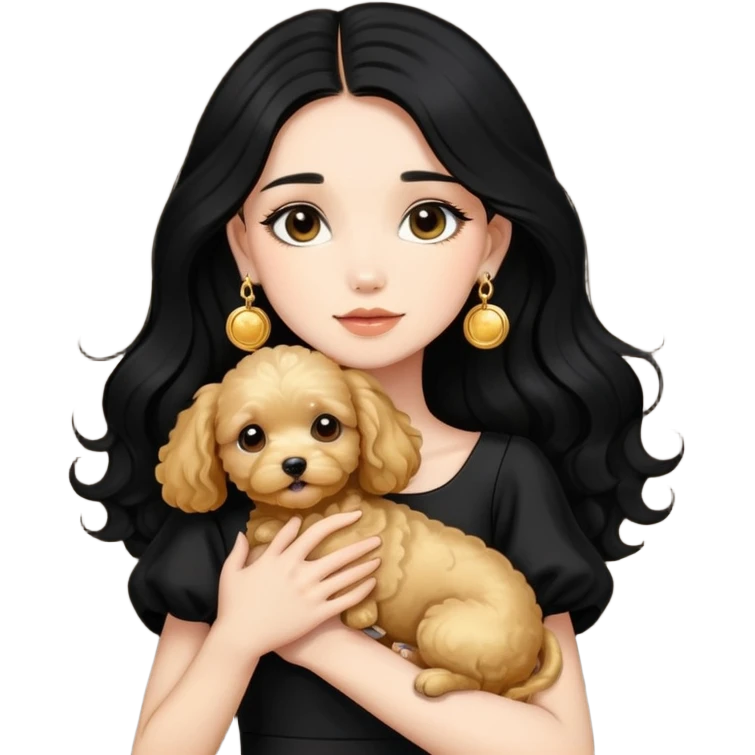Beautiful skinny woman long dark black hair in dark dress with gold earrings hugs golden maltipoo emoji
