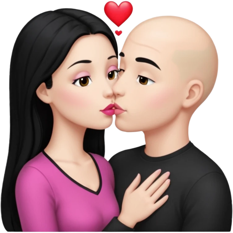 👩🏻‍❤️‍💋‍👨🏻 this one but the man should be bald. white woman with long black hair and white bald young man whoitiut hair and a heart between their heads. she has pink lips and both have brown eyes. emoji
