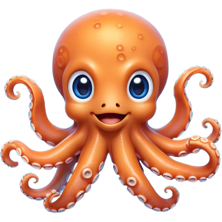 Cinematic Cute smiling Octopus Portrait Emoji, Head tilted playfully and inquisitively, featuring a rounded, light orange body embellished with playful blue rings, eight adorably curling arms, and big, twinkling eyes full of wonder, Simplified yet irresistibly adorable features, highly detailed, glowing with a warm, inviting underwater glow, high shine, affectionate and lively, stylized with a touch of whimsical cartoon charm, soft glowing outline, capturing the essence of a mischievous yet loving octopus that seems as if it could bob out of the screen into your arms! emoji