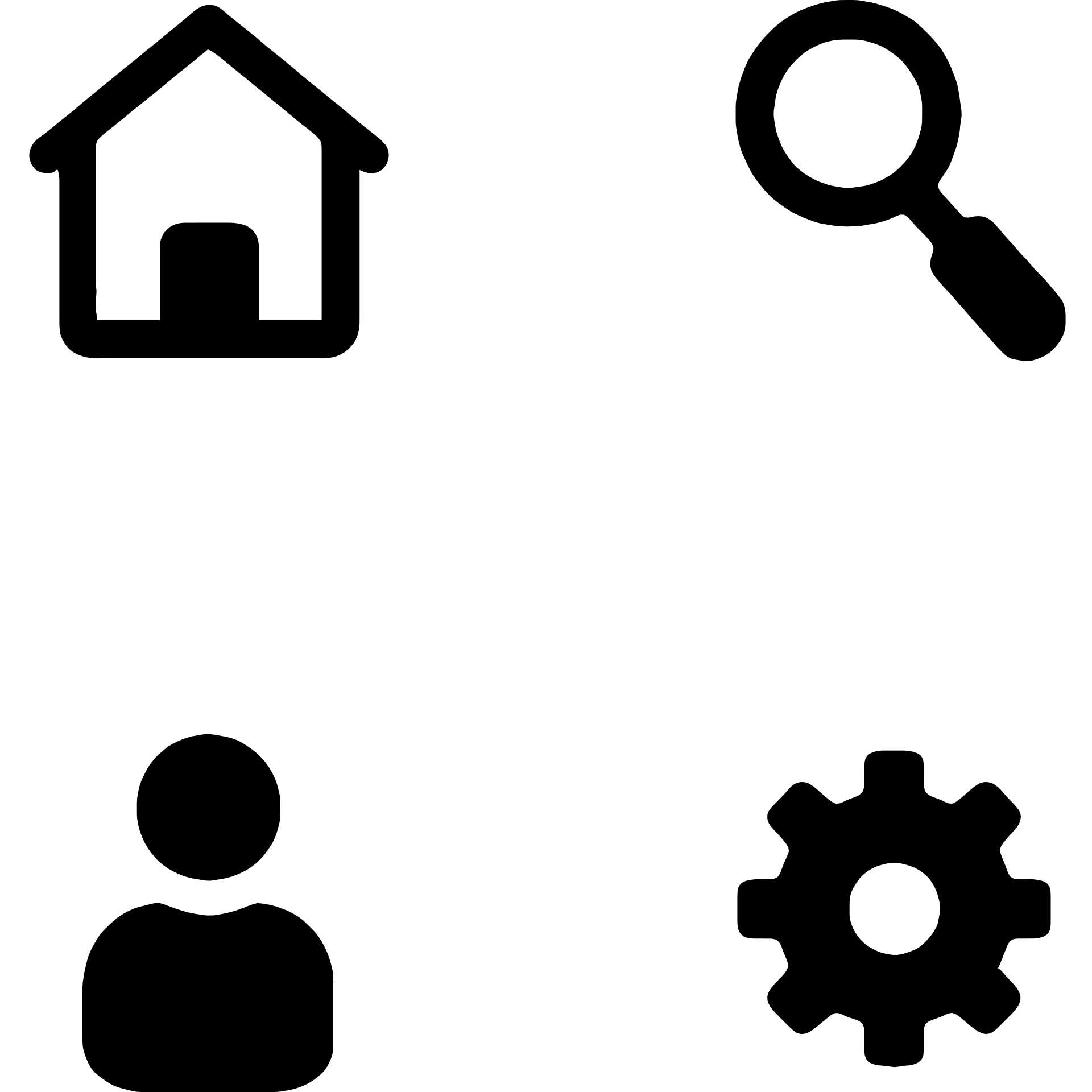 Minimalist website navigation icons: house for home, magnifying glass for search, three lines for menu, person silhouette for profile, and gear for settings emoji