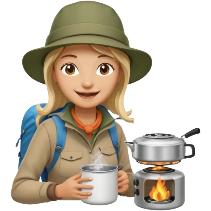 A woman camper boiling water on a portable stove, enjoying the outdoor emoji