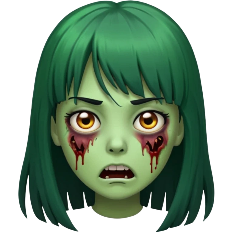 Faça uma menina de cabelo liso preto com franja zumbi cabelo longo 🧟‍♀️ faça ela assim faça ela verde com cara mais assustadora emoji