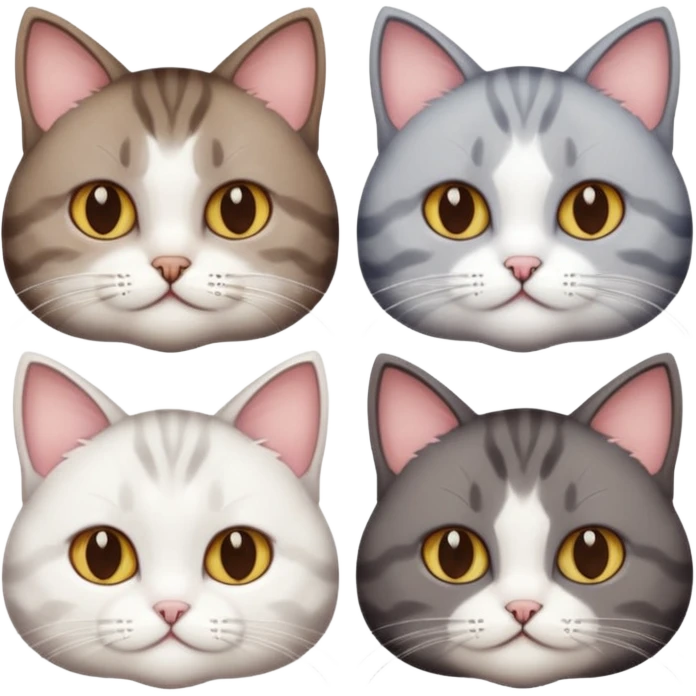 4 different coloured short haired cats including; a dark brown tabby and white cat, and a dark grey and white  emoji